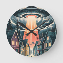 UFO Abduction Night Street Illustration Runde Wanduhr