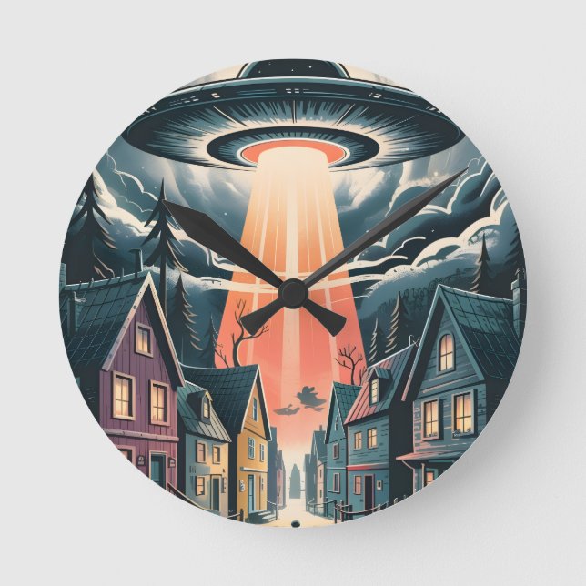 UFO Abduction Night Street Illustration Runde Wanduhr (Vorderseite)