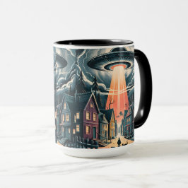 UFO Abduction Night Street Illustration Tasse