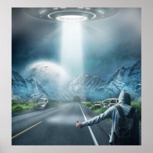 ufo Alien Raumschiff und Anhalter surreal Fantasie Poster