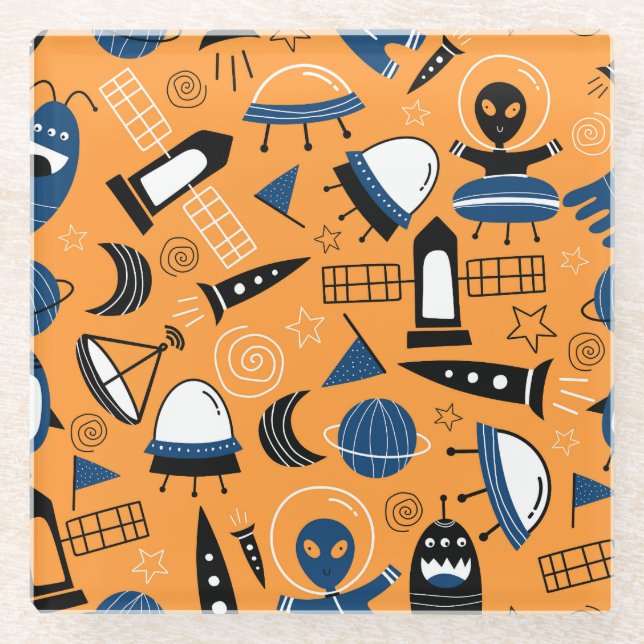 UFO-Alien, Raumschiffe, Kindermuster Glasuntersetzer (Vorderseite)