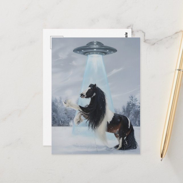 UFO entführt ein Gypsy Vanner Pferd Postkarte (Vorderseite/Rückseite Beispiel)