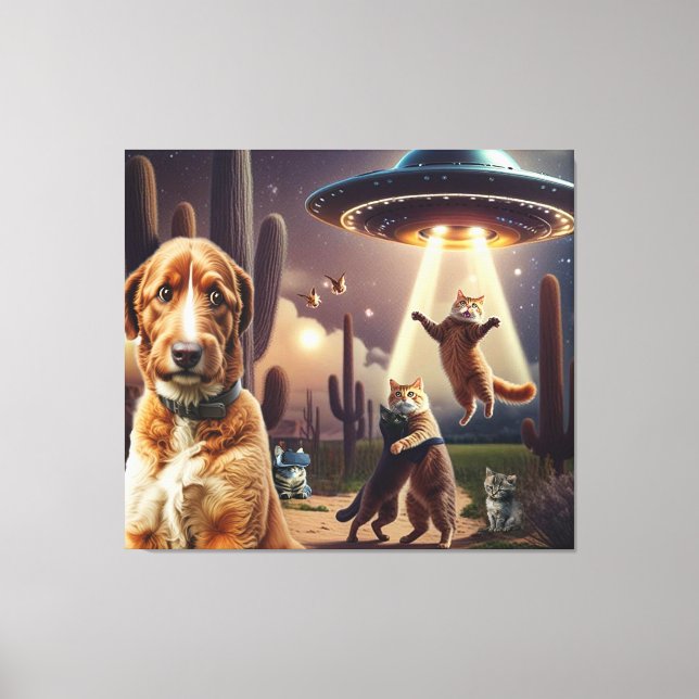 UFO-Entführung bei Katzen mit/betroffenem Hund in  Leinwanddruck (Vorderseite)