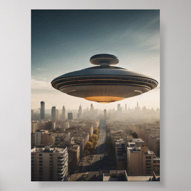 UFO fliegende Untertasse über der Stadt Poster (Vorne)
