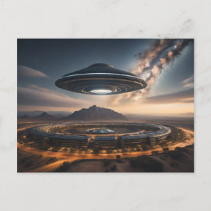 UFO fliegt Saucer über einer Alien-Stadt Postkarte