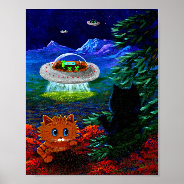UFO Flying Saucer Funny Black Cat Orange Tabby Poster (Vorne)