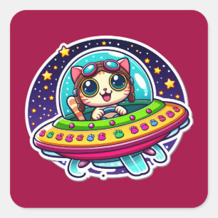 UFO Happy Cat Quadratischer Aufkleber