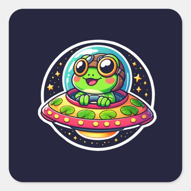 UFO Happy Frog Quadratischer Aufkleber (Vorderseite)