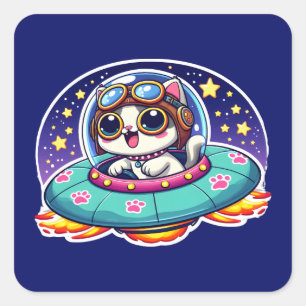 UFO Happy Kitty Quadratischer Aufkleber