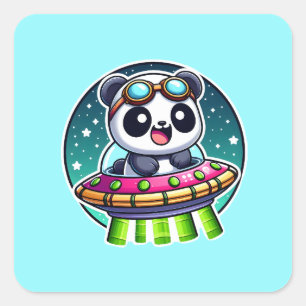 UFO Happy Panda Quadratischer Aufkleber