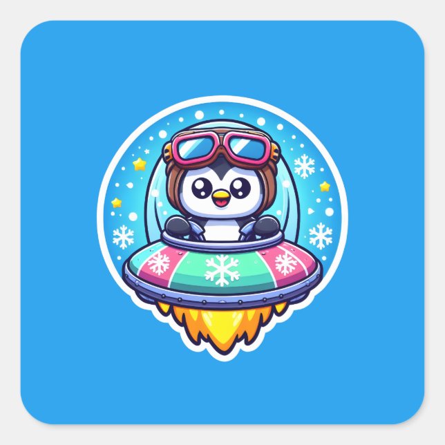 UFO Happy Penguin Quadratischer Aufkleber (Vorderseite)