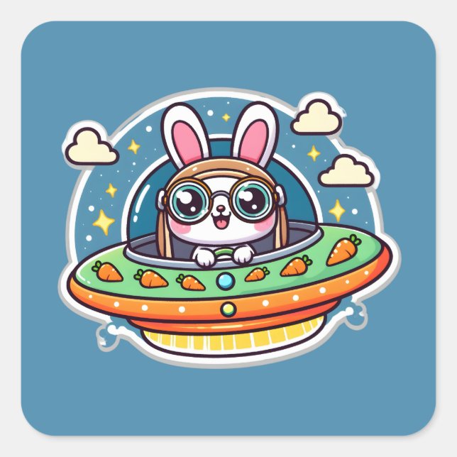 UFO Happy Rabbit Quadratischer Aufkleber (Vorderseite)