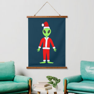 UFO Ho Ho Father Weihnachts-Alien Wandteppich Mit Holzrahmen