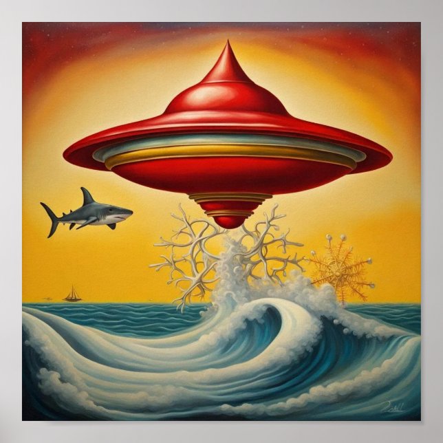 Ufo Hovering über Waves Wall Art Poster (Vorne)