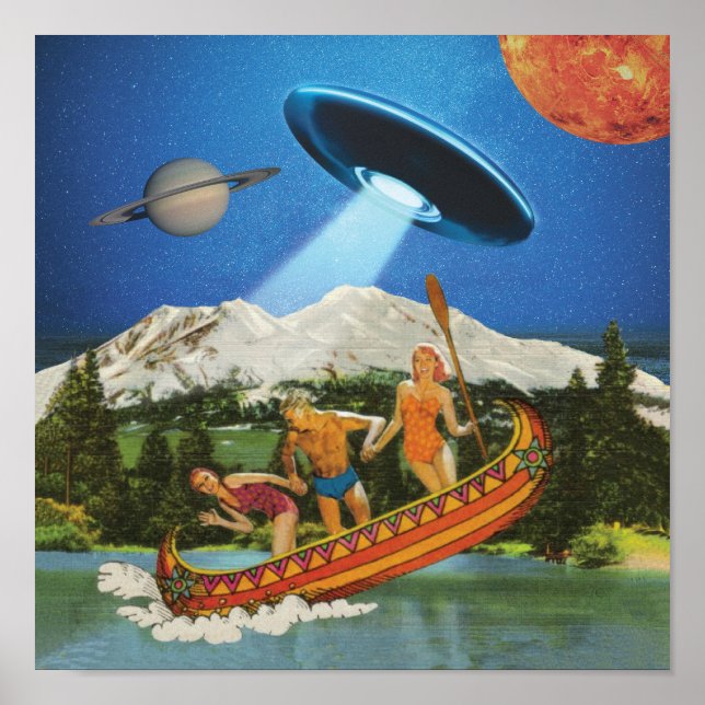 UFO Kanufahrt Berge Surreale Collage Poster (Vorne)