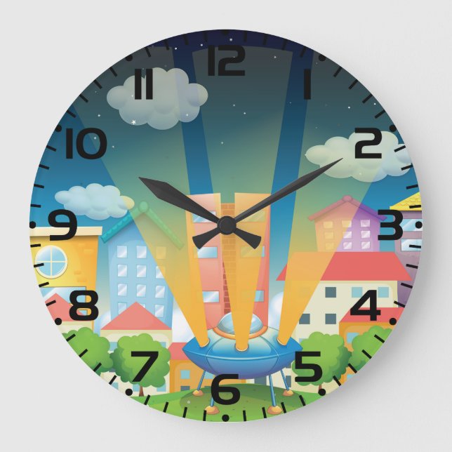 UFO Landing in a Bright City Night Scene Große Wanduhr (Vorderseite)