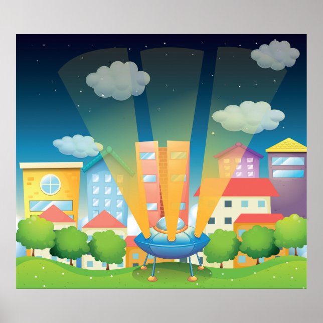UFO Landing in a Bright City Night Scene Poster (Vorne)