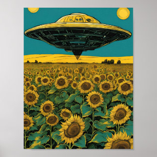 UFO Landing in a Sunflower Field - Surreal Sci-Fi Poster