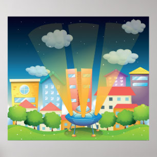 UFO-Landung in einer hellen Stadt-Nachtszene Poster