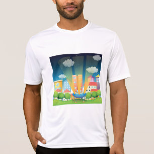 UFO-Landung in einer hellen Stadt-Nachtszene T-Shirt