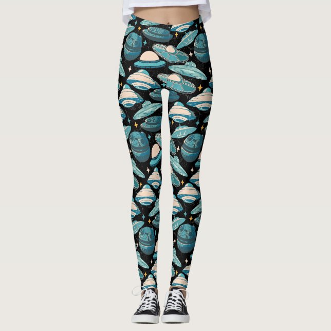 UFO Muster Retro Stil. Black BG Leggings (Vorderseite)