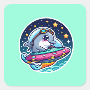 UFO Niedlich Delphin Quadratischer Aufkleber