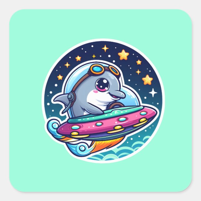 UFO Niedlich Delphin Quadratischer Aufkleber (Vorderseite)