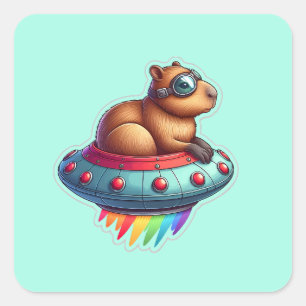 UFO Rainbow Capybara Quadratischer Aufkleber