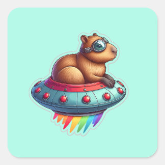 UFO Rainbow Capybara Quadratischer Aufkleber