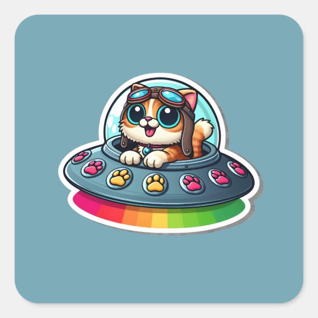 UFO Rainbow Cat Quadratischer Aufkleber (Vorderseite)