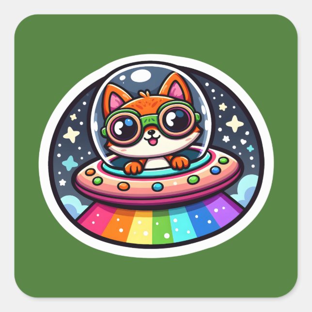UFO Rainbow Fox Quadratischer Aufkleber (Vorderseite)