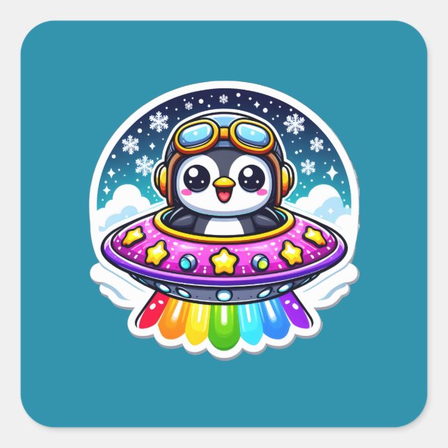 UFO Rainbow Penguin Quadratischer Aufkleber (Vorderseite)