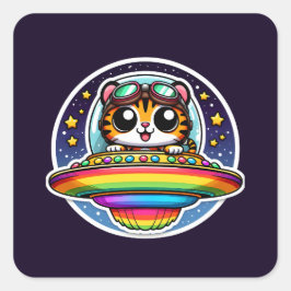UFO Rainbow Tiger Quadratischer Aufkleber