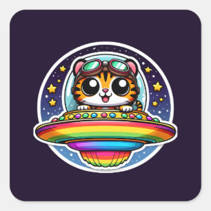 UFO Rainbow Tiger Quadratischer Aufkleber