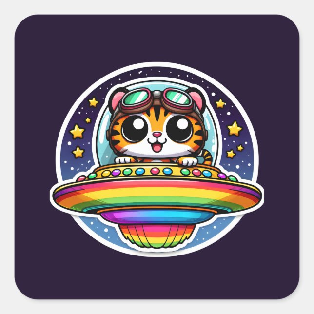 UFO Rainbow Tiger Quadratischer Aufkleber (Vorderseite)