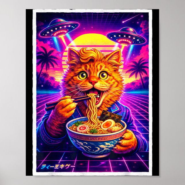 Ufo ramen cat meme retro synthwave 80s graphic poster (Vorne)