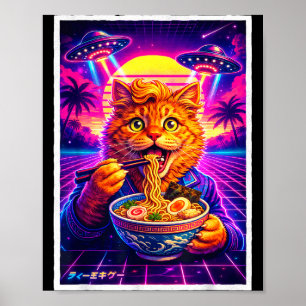 Ufo Ramen Katze Meme Retro Synthwave 80er Grafik Poster