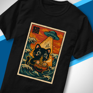 UFO Retro Japanisches Ukiyo-e Süße Katze isst Rame T-Shirt