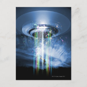 UFO schweben über der Erde, während er Menschen en Postkarte