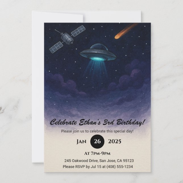 UFO Space Geburtstag Einladung (Vorderseite)