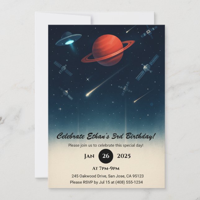 UFO & Space Station Galaxy Illustration Birthday  Einladung (Vorderseite)