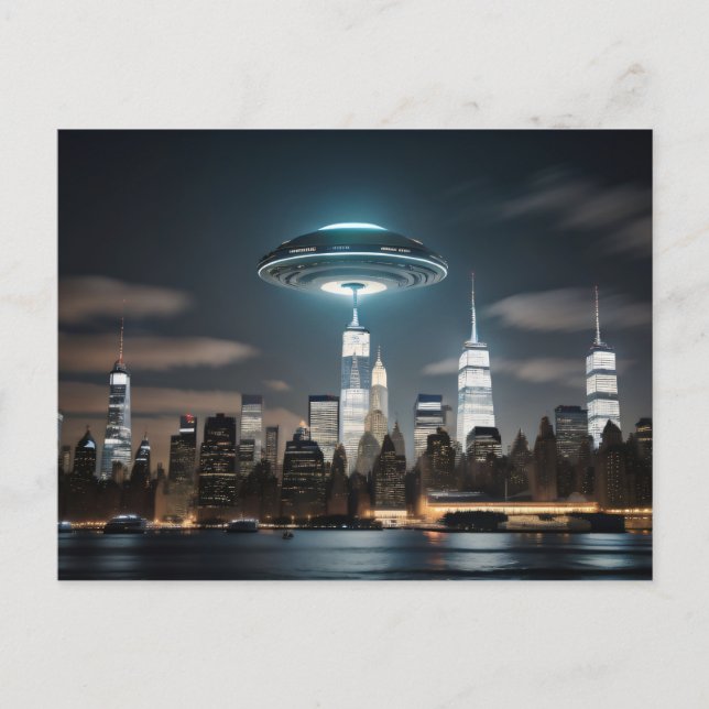 UFO über einer Stadt Postkarte (Vorderseite)