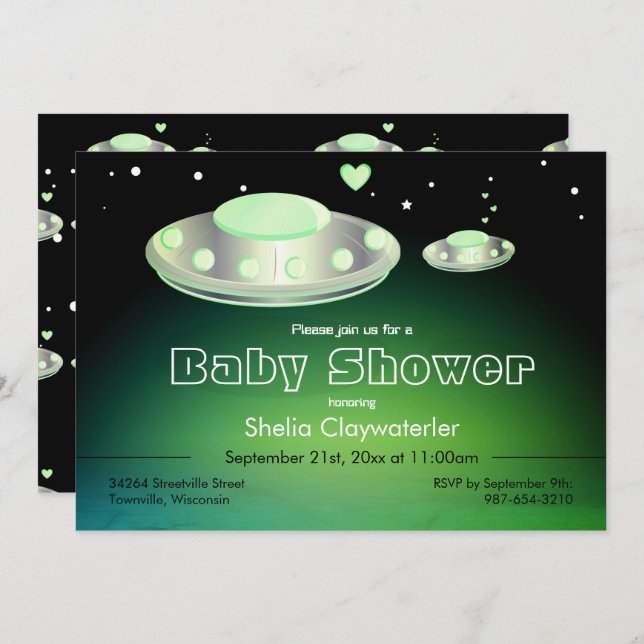 UFO und Babyparty-Karte Baby UFO-Grün-| Einladung (Vorne/Hinten)