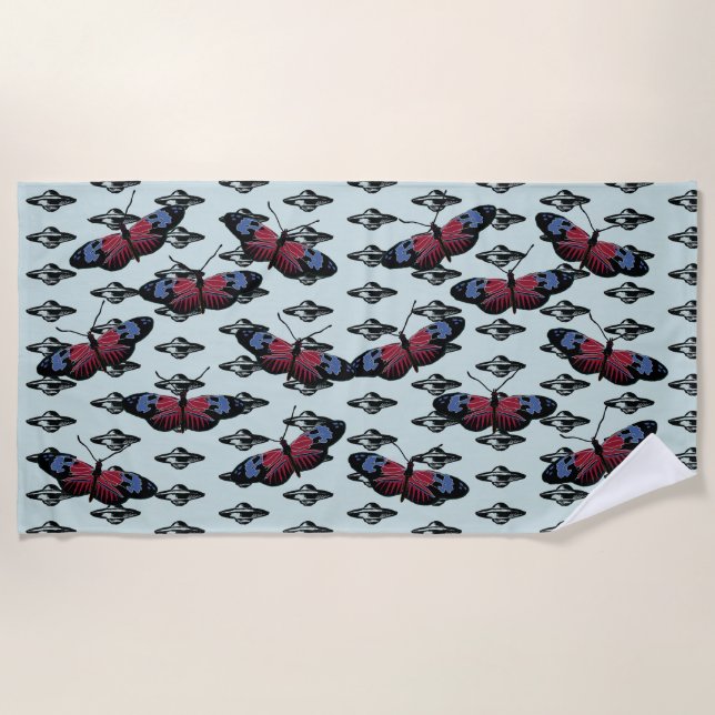 Ufo und Schmetterlinge Strandtuch (Vorderseite)