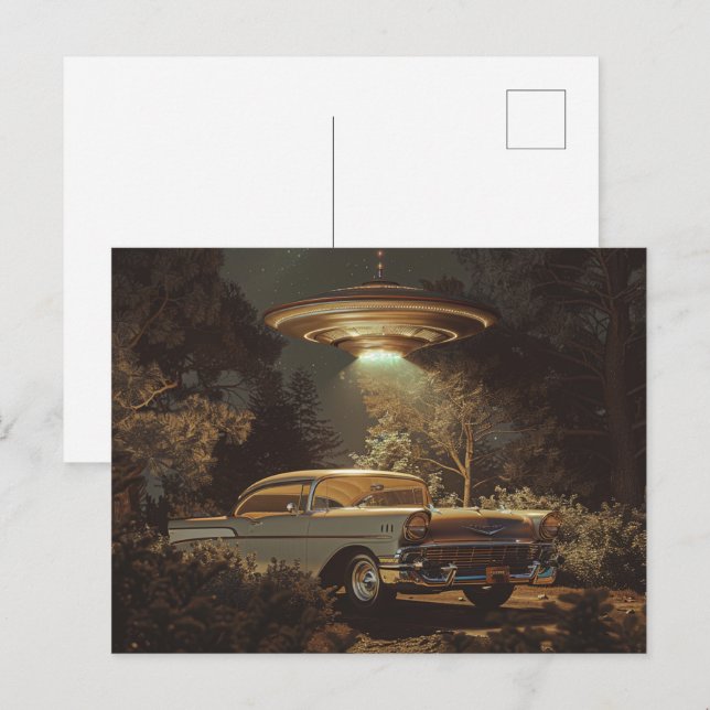 UFO und Stanleys BelAir von 1956 Postkarte (Vorne/Hinten)