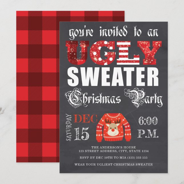 Ugg Sweater Christmas Party Chalkboard Red Einladung (Vorne/Hinten)