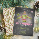 Ugg Sweater Christmas Party Pink Black Chalkboard Einladung<br><div class="desc">Ugly Sweater Weihnachts-Party Vintag inspiriert Einladung mit einem gestrickten Himbeerrosa und Farn grünen Pullover,  Winterhut und Lollipop über einem dunkelgrauen Chalkboard Hintergrund mit einem gewaschenen rosa Aquarellüberlagerungen.            Sweaters,  Hats und Schneeflocken-Muster auf der Rückseite.            Persönlich gestalten!</div>