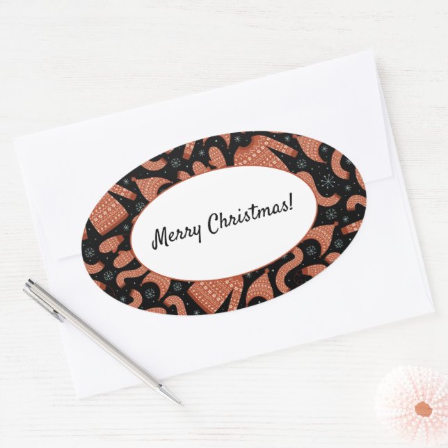 Ugge Christmas Sweater Hat Scarf Red White Ovaler Aufkleber (Umschlag)