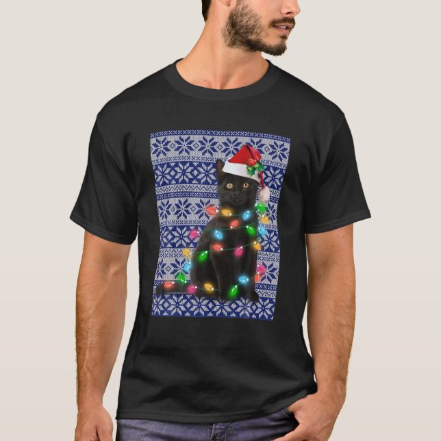 Ugi Black Cat Christmas Light T Funny Cat Lover T-Shirt (Vorderseite)