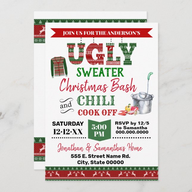 Ugi Sweater & Chili Cook Abends Weihnachtsbash Einladung (Vorne/Hinten)